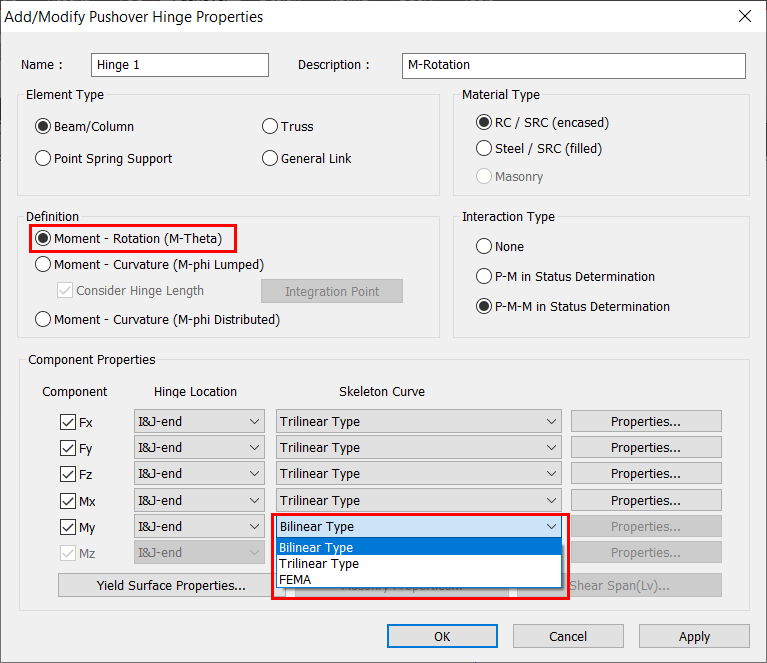 Pushover Hinge Definition in midas Civil